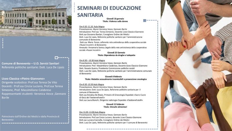 Benevento: Educazione sanitaria, il 18 gennaio al via un nuovo ciclo d’incontri