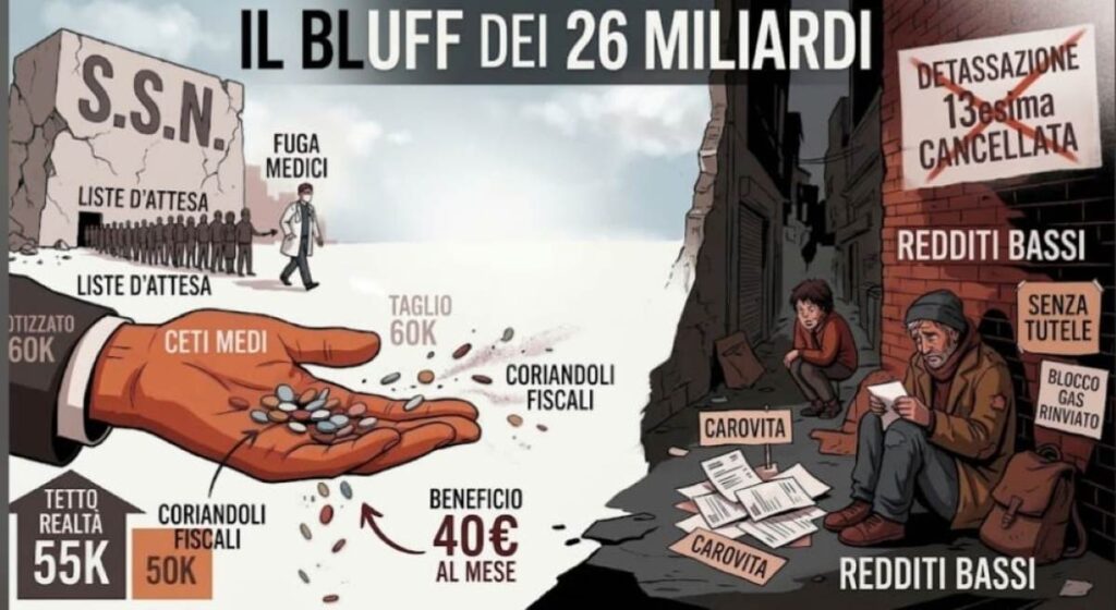Il bluff dei 26 miliardi: spiccioli al ceto medio, schiaffo ai redditi bassi
